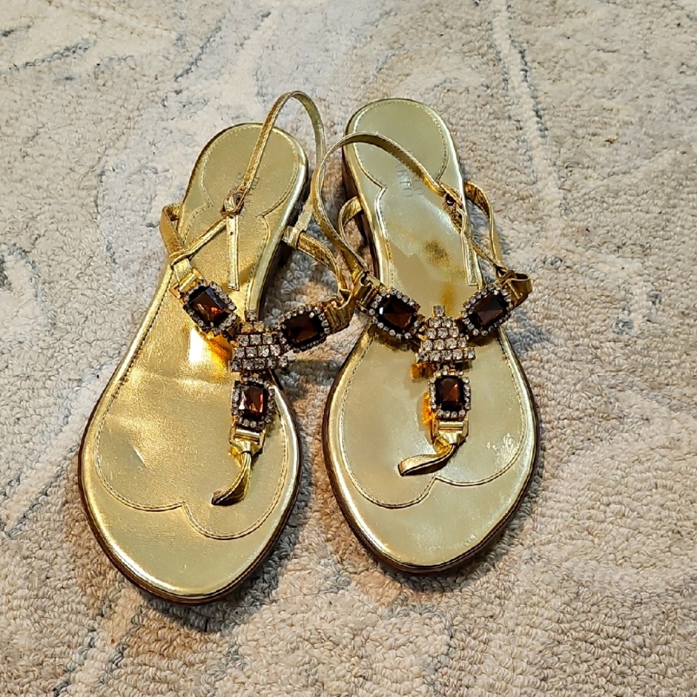 Franco Sarto Gold T-Strap Sandals with Bronze and Diamond Gemstones sz 7.5